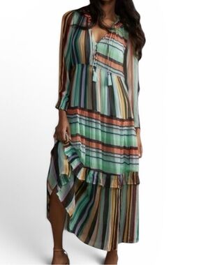 Anthropologie The Marais Printed Chiffon Maxi Dress Tiered Ruffle Ties Tassel